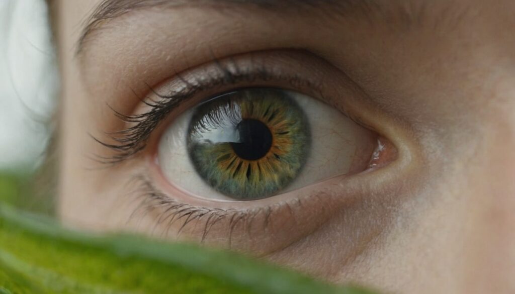 Close-up of a unique green eye with a striking pattern, surrounded by fine eyelashes, symbolizing individuality and natural beauty.
