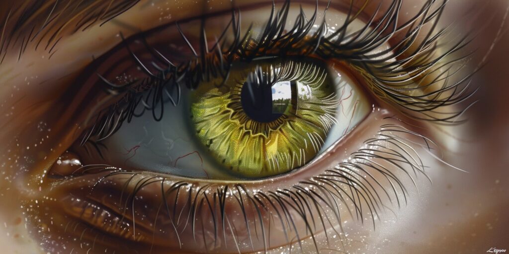 Iris Auge: Anatomie, Funktion und Schutz 1 Nahaufnahme einer menschlichen Iris mit detaillierter Struktur und Reflexionen.