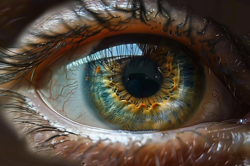 Detailreiche Nahaufnahme eines menschlichen Auges mit erweiterter Pupille, umgeben von einer mehrfarbigen Iris und deutlich sichtbaren Wimpern, ideal für visuelle Darstellungen in der Medizin und Kunst.