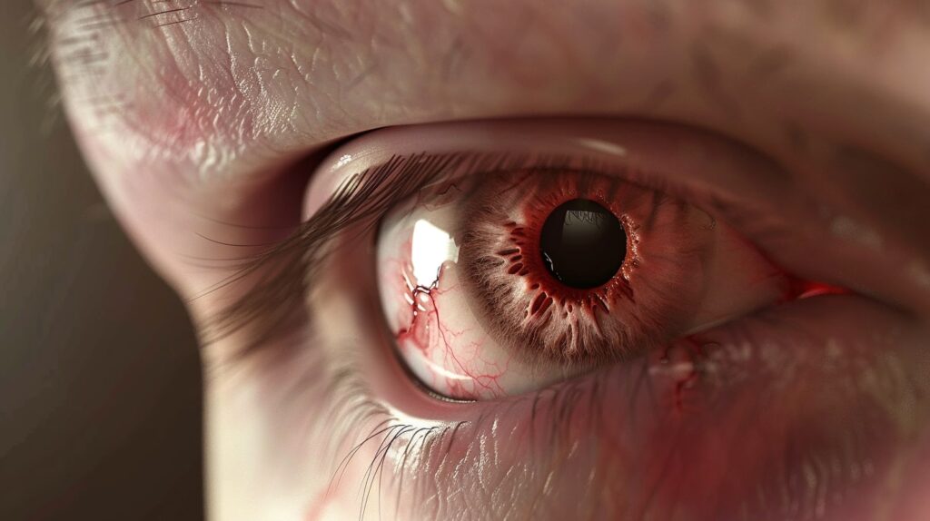 Close-up of a bloodshot human eye with red veins and an irritated appearance.