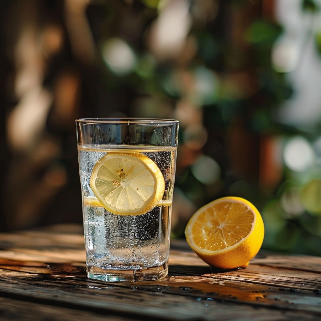 Ein Glas klares Wasser mit Zitronenscheiben auf einem rustikalen Holztisch, im Hintergrund verschwommene grüne Blätter. Dieses Bild betont die Bedeutung von Ernährung für die Augengesundheit.
