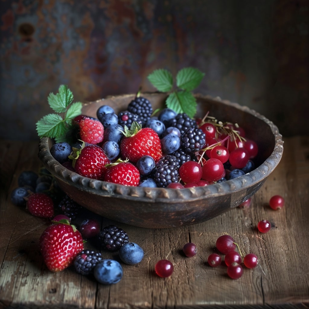 Eine Schale mit gemischten Beeren, darunter Blaubeeren, Himbeeren, Erdbeeren, Brombeeren und rote Johannisbeeren auf einem rustikalen Holztisch. Dieses Bild betont die Bedeutung von Ernährung für die Augengesundheit.