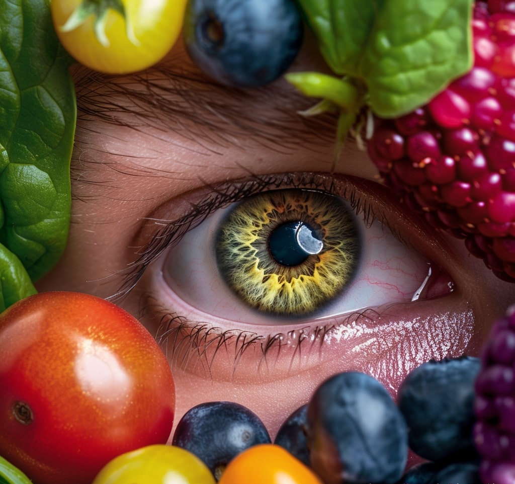 Close-up of a hazel eye surrounded by colorful fruits and vegetables.