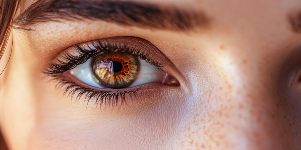 Close-up of a woman's brown eye with a focus on the detailed iris and soft freckles on her skin.