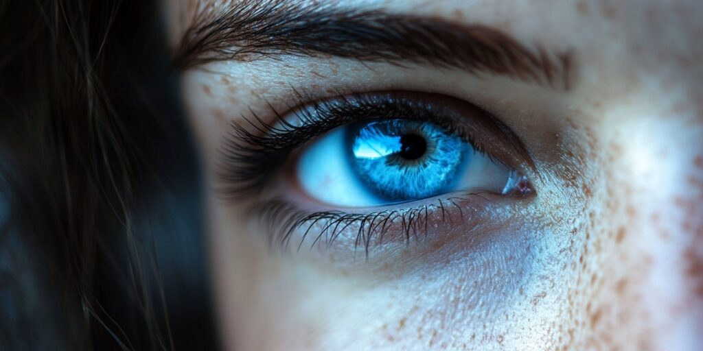 Close-up of a woman's blue eye, highlighting the vibrant color and detail of the iris.