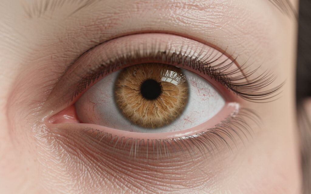 Nahaufnahme eines hellbraunen Auges mit detaillierter Iris und feinen Wimpern.