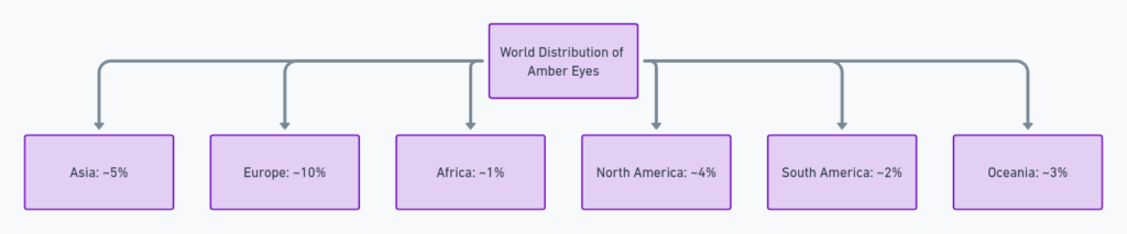 Diagram showing the world distribution of amber eyes with percentages for different regions.