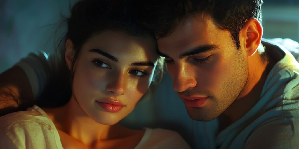A close-up of two people sitting closely together, both with bedroom eyes, gazing softly at each other in a calm and intimate moment, illuminated by soft light.