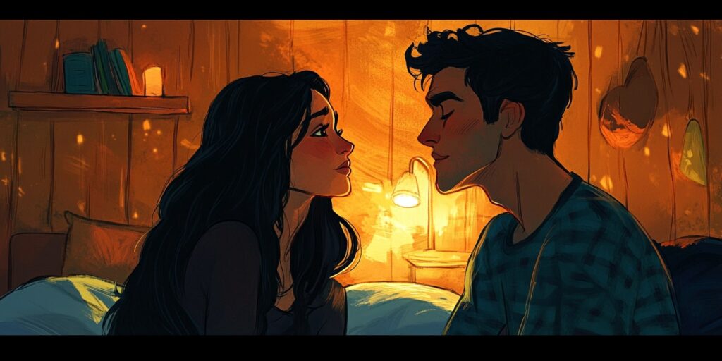 Illustrated scene of two people in a cozy, dimly lit room, sitting close together and gazing into each other's eyes, creating an intimate and warm atmosphere.
