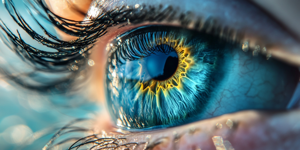 Eine Nahaufnahme eines Auges mit intensiven türkisen und blauen Tönen in der Iris, die durch gelbe Akzente und Lichtreflexionen hervorgehoben wird.