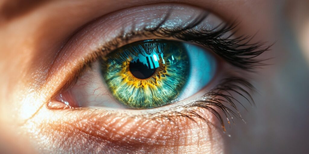 Eine Nahaufnahme eines grünen Auges mit einer Mischung aus hellblauen und gelben Farbtönen in der Iris, die feine Muster und Lichtreflexionen zeigt.