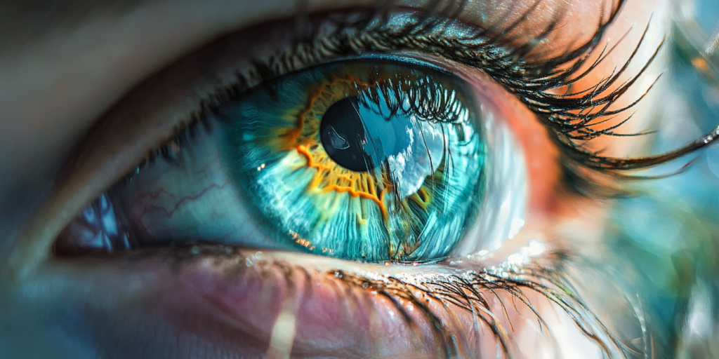 Eine lebendige Nahaufnahme eines Auges mit intensiven Türkis-, Blau- und Grüntönen in der Iris, hervorgehoben durch Lichtreflexionen und feine Details der Wimpern.