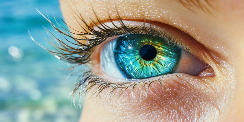 Eine lebendige Nahaufnahme eines blauen Auges mit leuchtenden türkisen und grünen Tönen in der Iris, umgeben von Details der Haut und Wimpern, mit Reflexionen im Hintergrund.