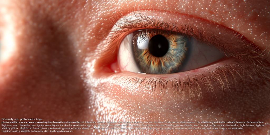 Extremes Nahaufnahmebild einer geschwollenen Augenpartie mit detailreicher Hautstruktur, sichtbaren Poren und feinen Wimpernhaaren