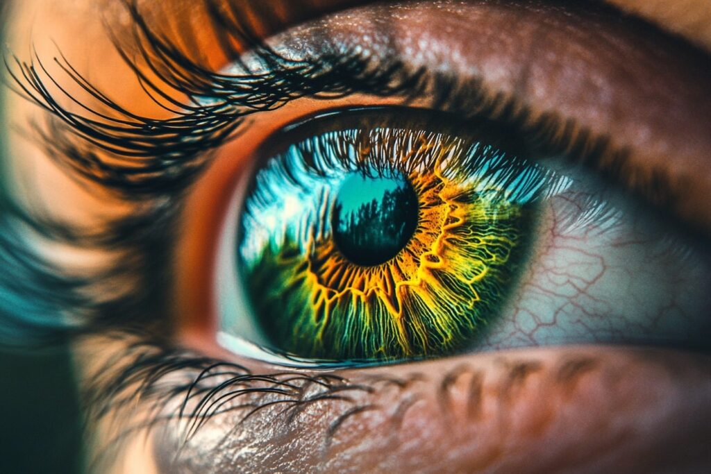 Close-up of a green eye with vibrant yellow and green iris patterns