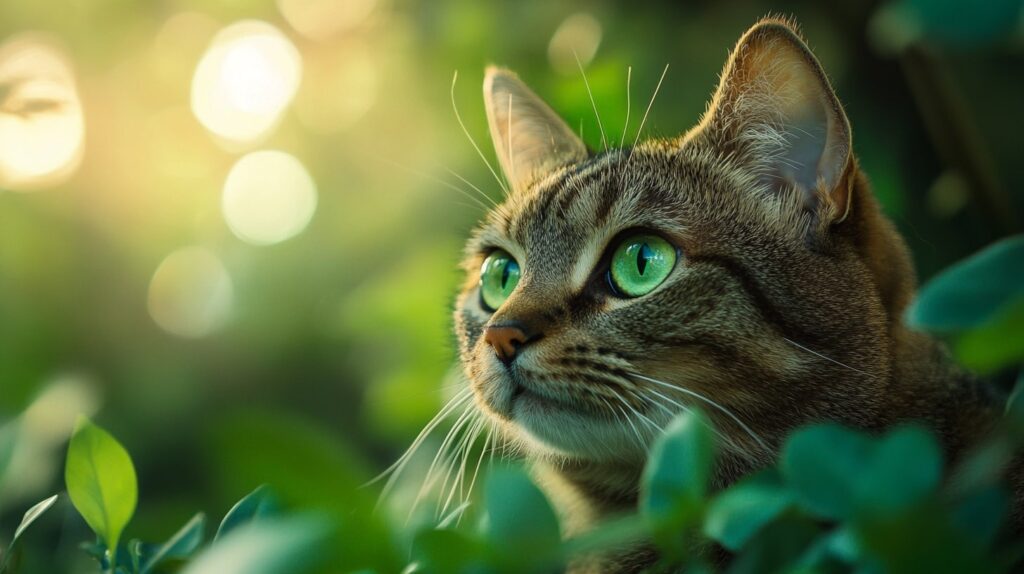 Eine Katze mit auffälligen grünen Augen, die inmitten von üppigem Grün sitzt und in die Ferne blickt, umgeben von sanftem Sonnenlicht.