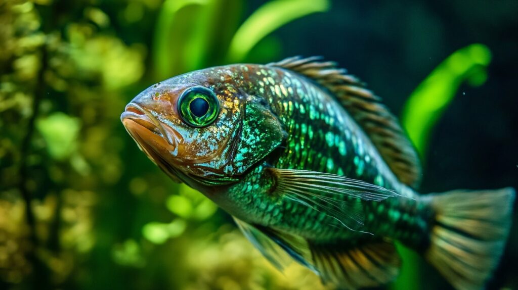 Ein Fisch mit leuchtend grünen Augen und schillernden Schuppen in einer natürlichen Unterwasserumgebung, umgeben von Wasserpflanzen.