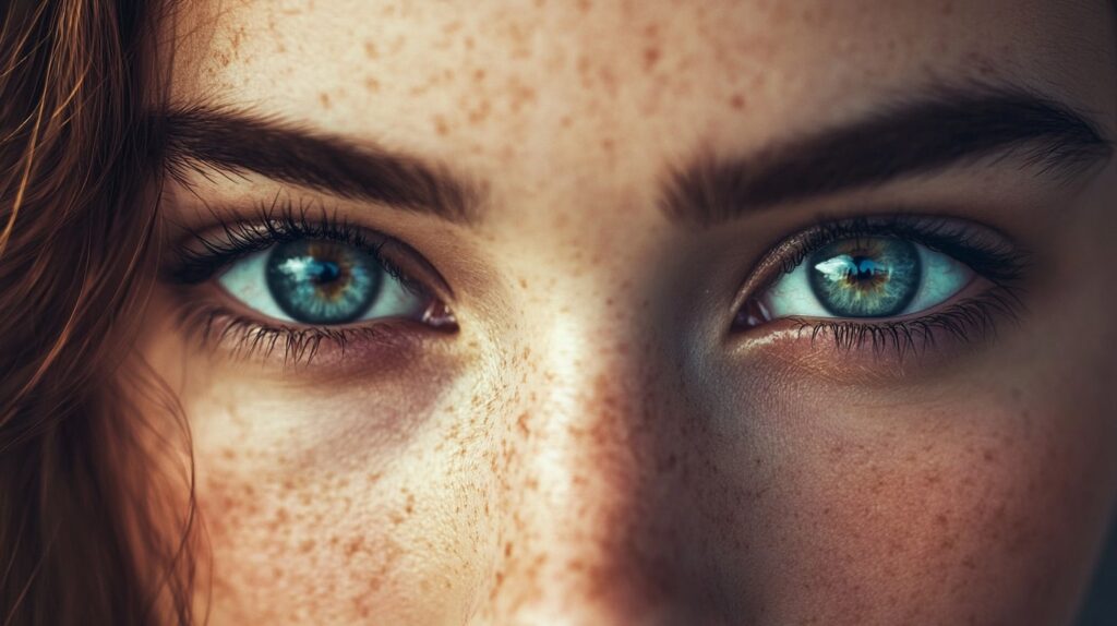 Eine Nahaufnahme von zwei grauen Augen mit intensiven Details und Reflexionen, umgeben von Sommersprossen und weichem Licht.