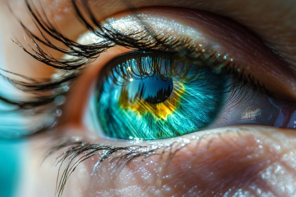 Eine lebendige Nahaufnahme eines Auges mit intensiven türkisen, grünen und gelben Farbtönen in der Iris, hervorgehoben durch Lichtreflexionen und feine Details der Wimpern.