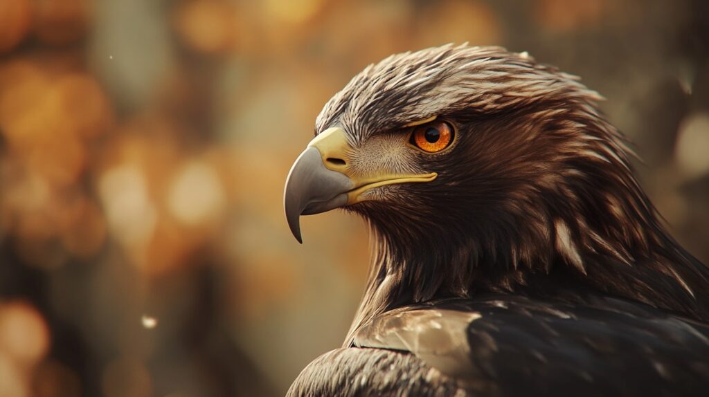 Close-up of an eagle with intense amber eyes and a sharp beak in a realistic, detailed photographic style against a blurred background.