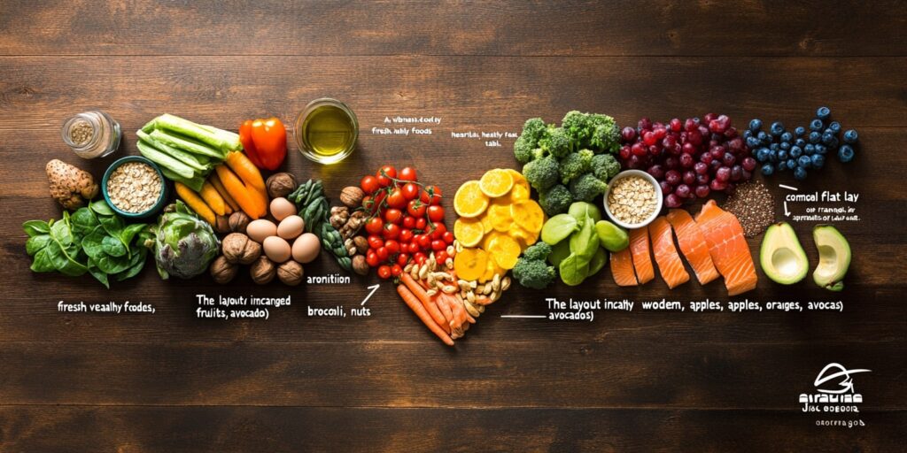 Flatlay von gesunden Lebensmitteln wie Gemüse, Obst, Nüssen, Lachs und Avocado auf einem Holztisch, ideal für eine herzgesunde Ernährung und die Reinigung der Blutgefäße.