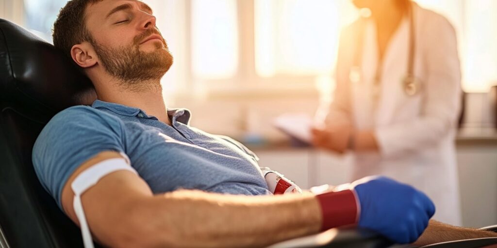 Ein Mann entspannt sich während einer Blutabnahme in einer medizinischen Einrichtung, symbolisiert Gesundheitsvorsorge und Untersuchungen.