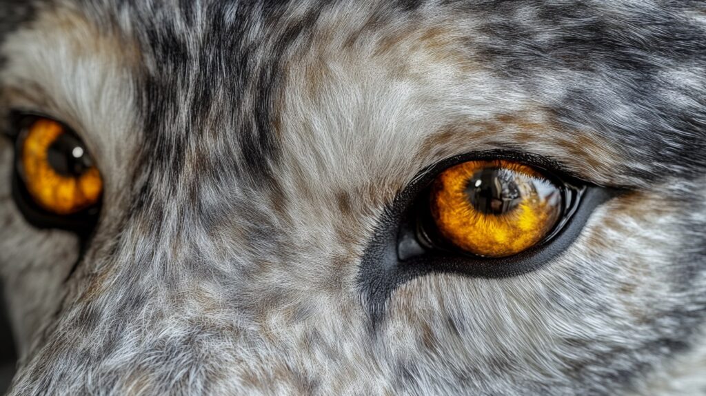 Close-up of a wolf's face with intense amber eyes, showcasing detailed fur textures in a realistic, high-definition photograph.