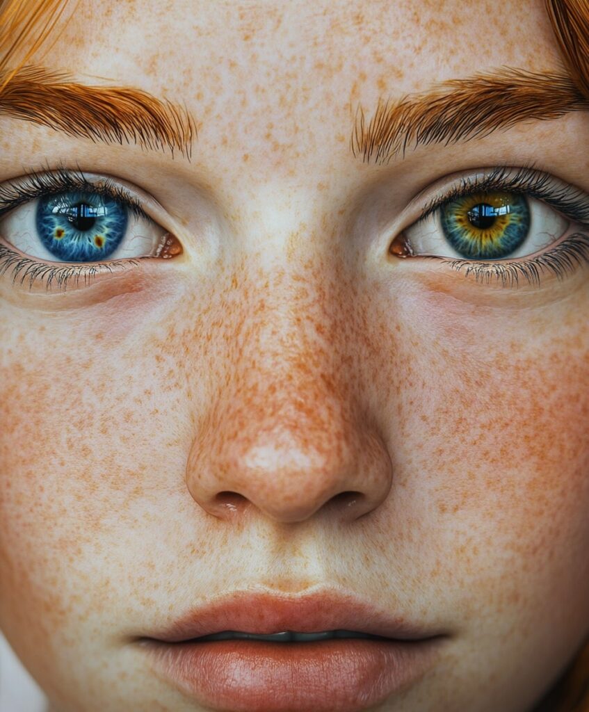 Close-up of a face with heterochromia, featuring one blue eye and one green eye, surrounded by freckles and natural skin texture.
