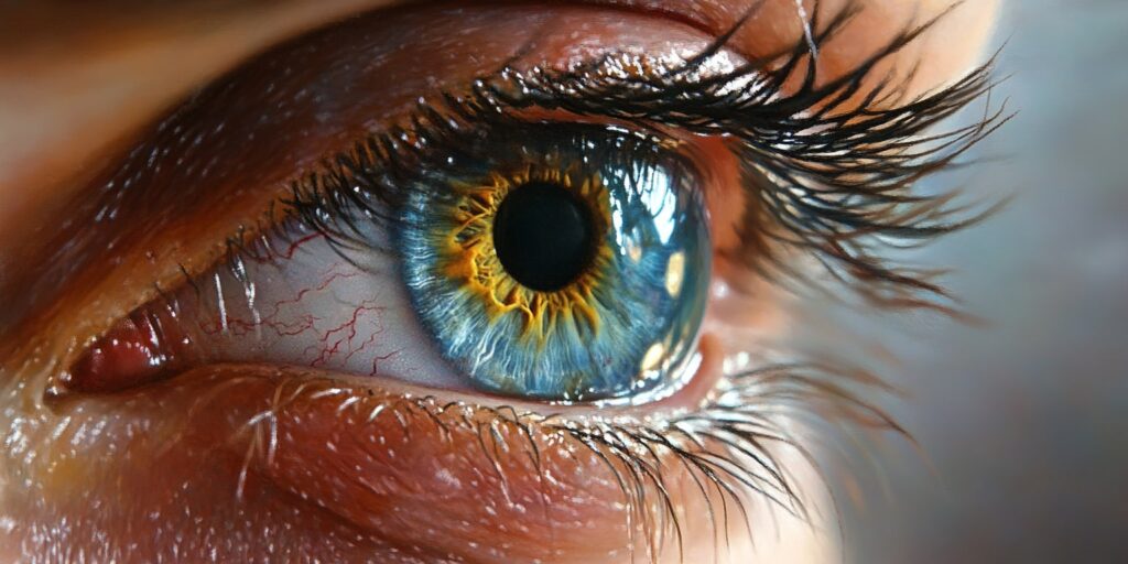 Close-up of a human eye with a blue and yellow iris and detailed eyelashes.