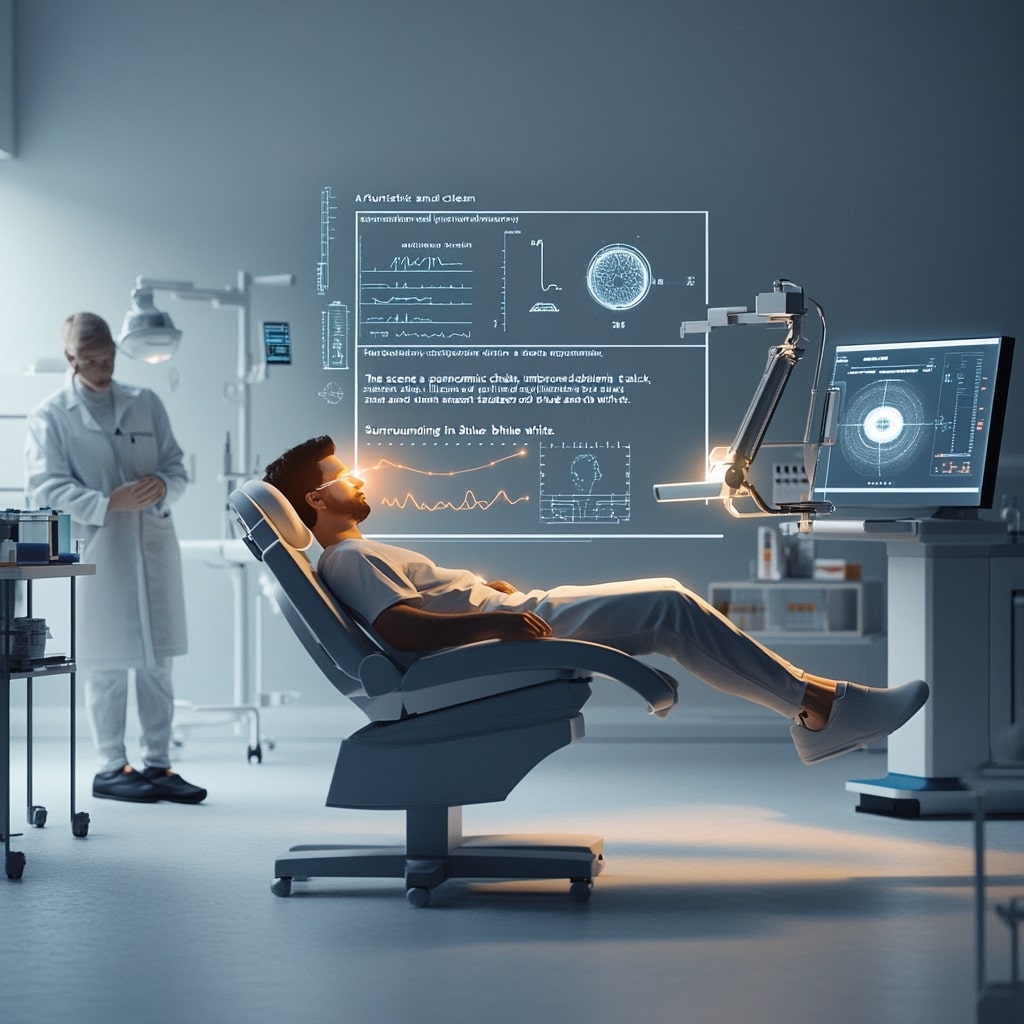 Patient in einem modernen Behandlungsraum beim Augenlasern; holografische Datenvisualisierungen und High-Tech-Medizin mit Fokus auf Augenlasern Kosten