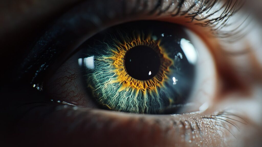 Makroaufnahme eines menschlichen Auges mit leuchtender Iris in Gelb- und Blautönen, perfekt dargestellt für visuelle Darstellung von Augenlasern Kosten